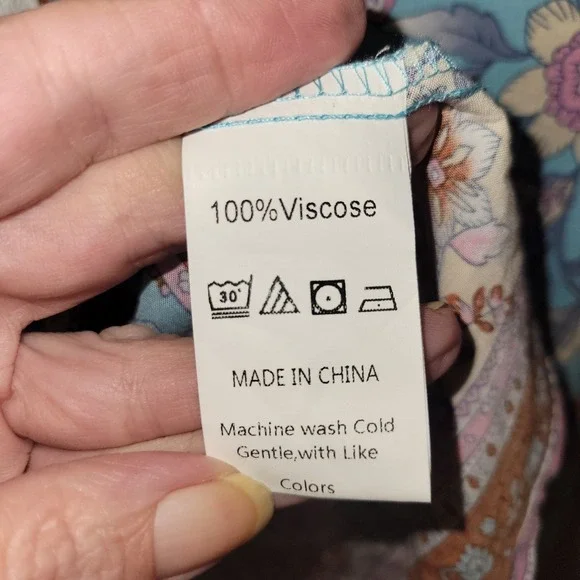 Boho Floral Mini Dress Womens M Blue Peasant Tassel Tie Tiered Babydoll Festival - Picture 7 of 9